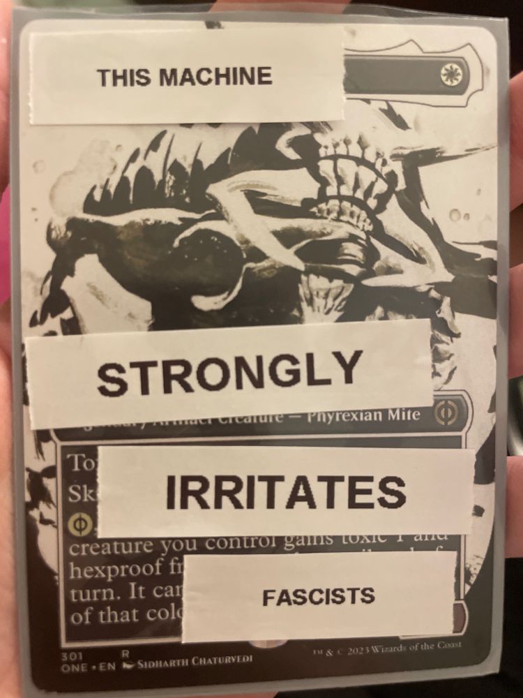 Skrelv, Defector Mite, with the text "This machine strongly irritates fascists"
