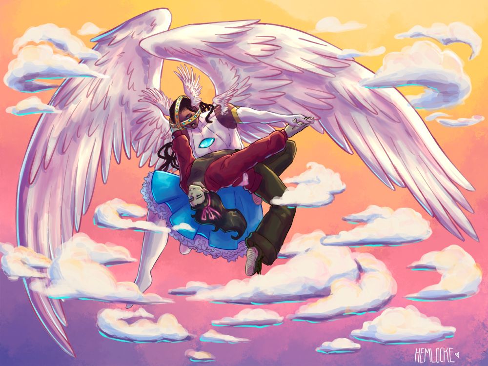 A drawing of an angel girl and a zombie girl. The angel is flying while in a dancing pose, as if she’s dipping the other girl. The background is a cloudy sunset.