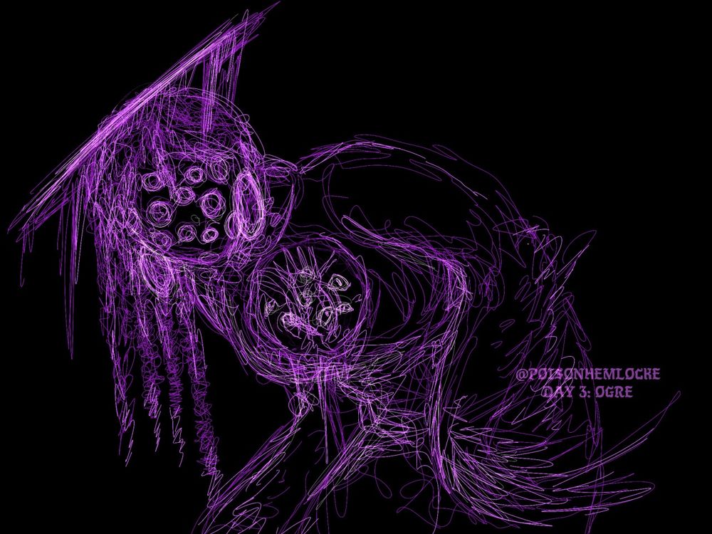 A scratchy drawing of a hunched over humanoid with arms twisted into wings, a hole through its chest, and a face made of eyes.