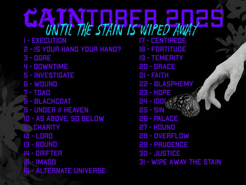 A prompt list for a CAIN rpg-themed drawing event
