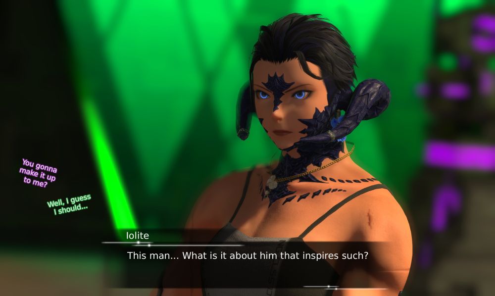 A closer shot of Iolite. The conversation continues off screen as they reflects on Cube's bad vibes.
Cube: You gonna make it up to me?
Tsavorite: Well, I guess I should...
Iolite's thoughts: This man... What is it about him that inspires such?