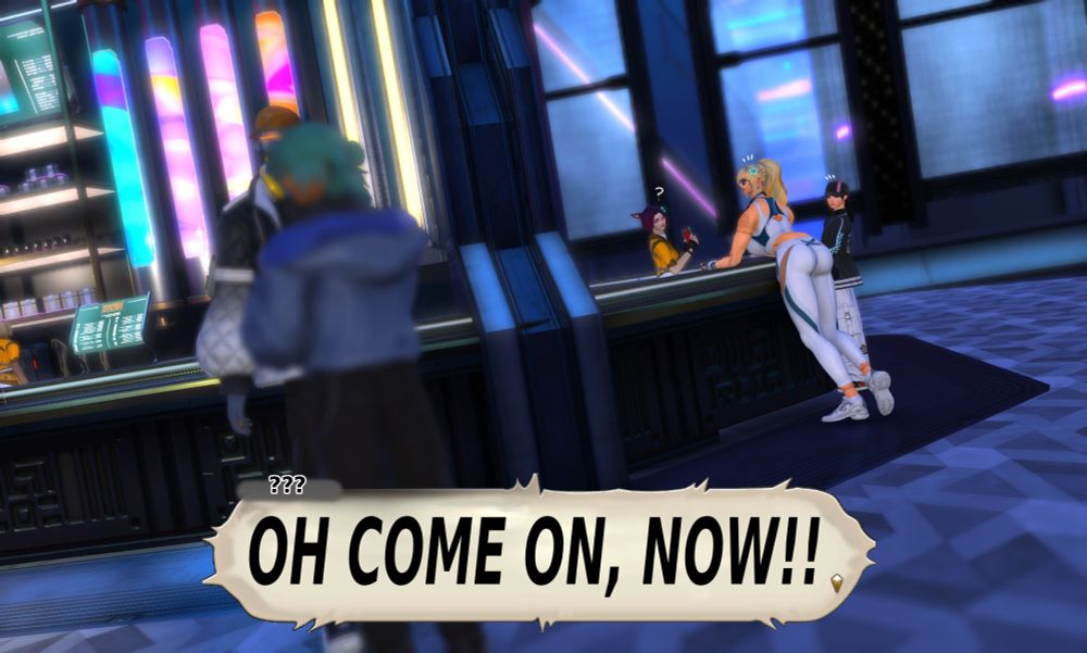 A turn around of the three women, some men in the foreground all looking in the direction of the commotion.
???: OH COME ON, NOW!!