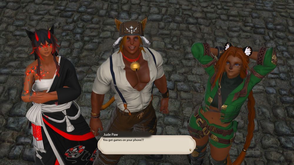 Before Valti stand 3 of the Paw sibs, Aya on the left, Jude in the center, and T'otes on the right. Aya looks vaguely grumpy while the other sibs look varying shades of pleased. Where is Two?
Dialogue:
Jude Paw: You got games on your phone?