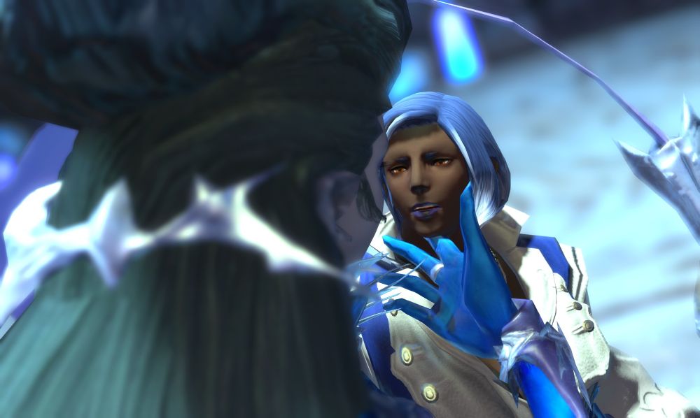 A shot from behind Ysayle, showing how enamored Valtia's expression is.