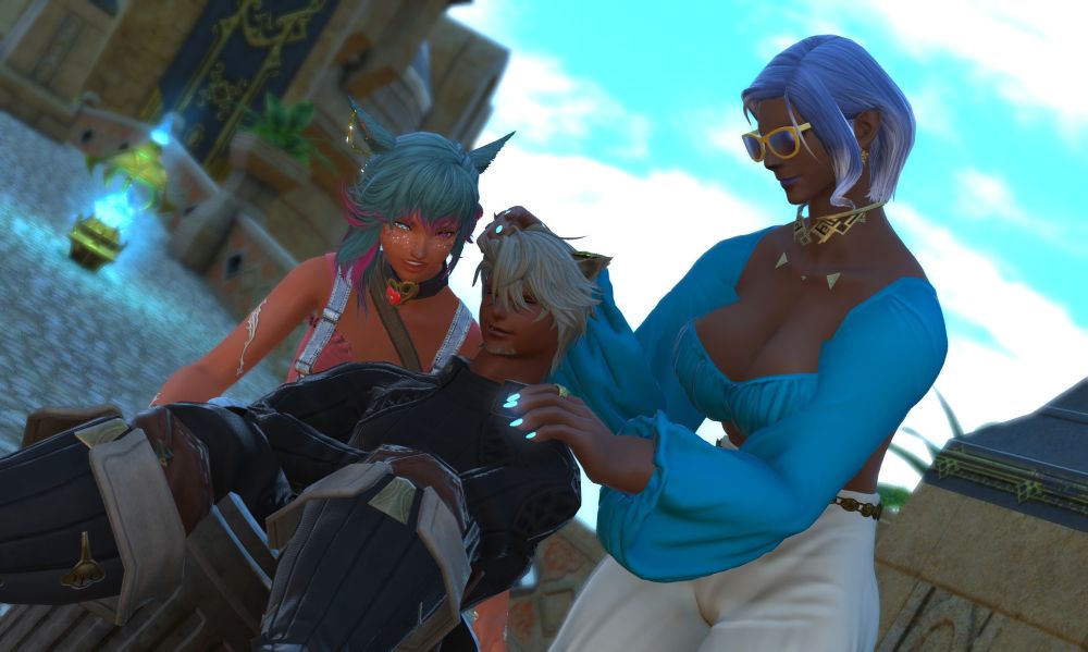 Arya is very pleased as they hold the trashcan steady, Valtia "pushing" Two into the can he's already sitting in.