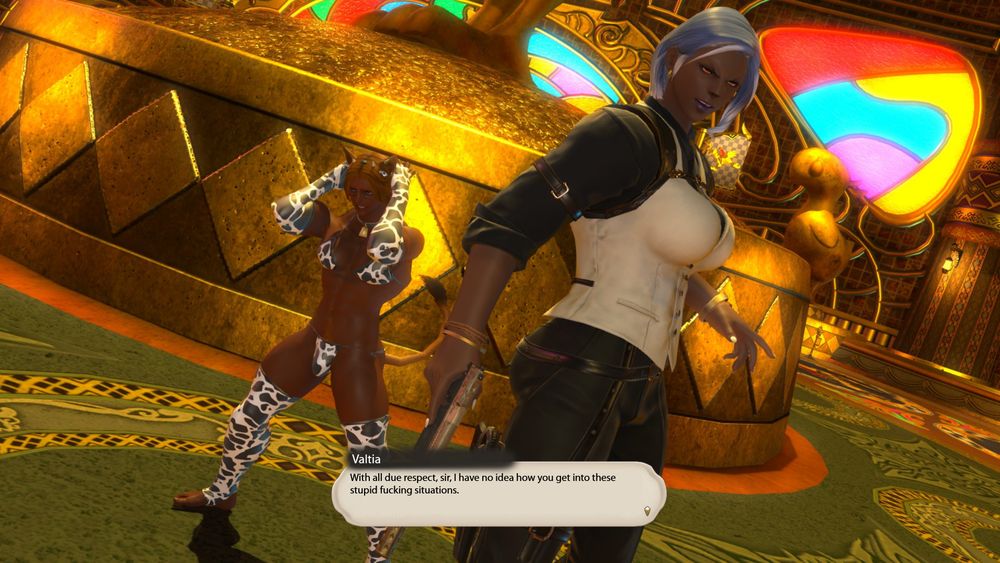 Valtia, apparently in the middle of protecting CFO!Jude from *SOMETHING*, gun at the ready: With all due respect, sir, I have no idea how you get into these stupid fucking situations.
In the bg Jude is dressed in a cowkini, looking very stressed.