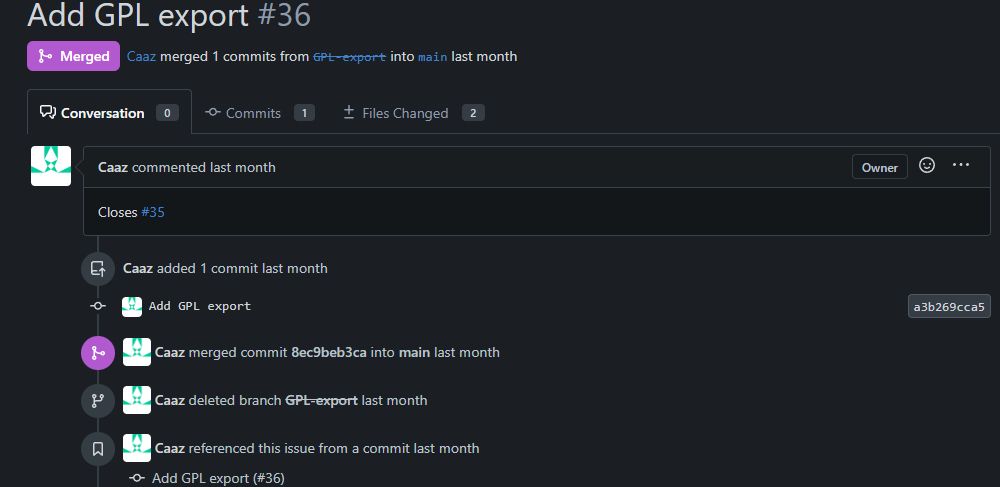 A merged PR which shows it auto closing an issue after merging.