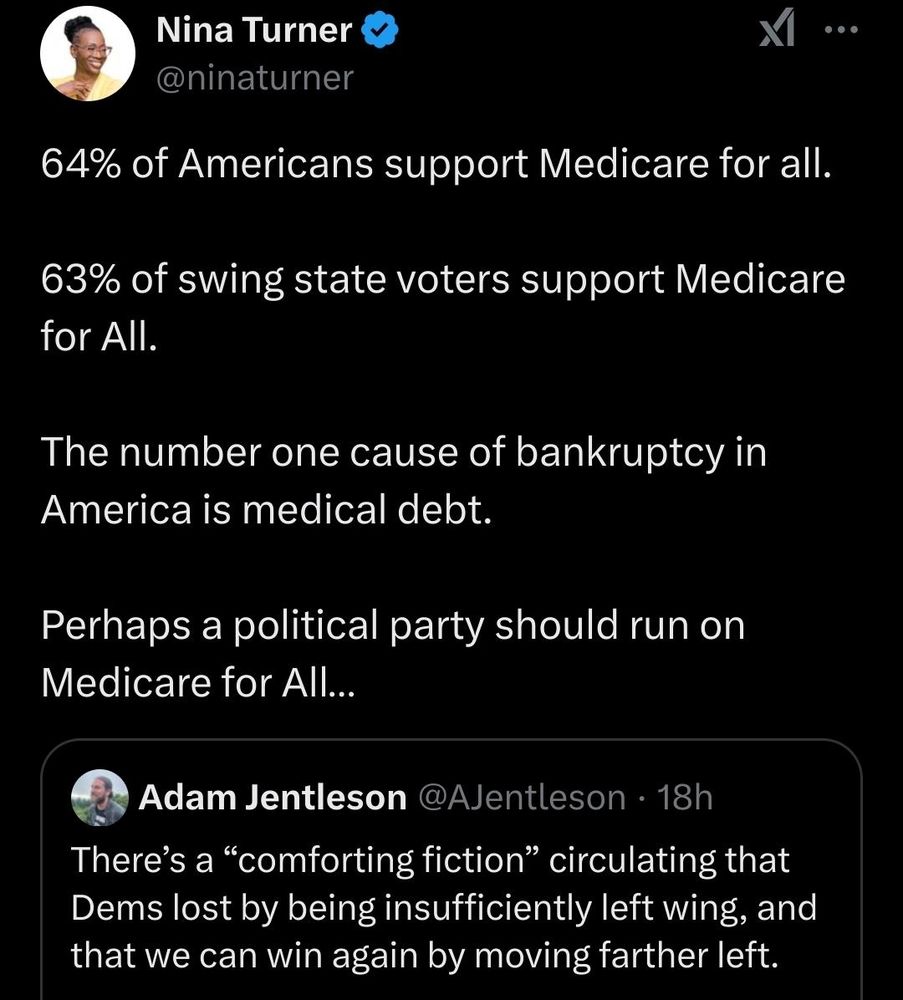 Screen cap of a Tweet by Nina Turner:
"64% of Americans support Medicare for all.

63% of swing state voters support Medicare for All.

The number one cause of bankruptcy in America is medical debt.

Perhaps a political party should run on Medicare for All..."

In reply to a Tweet by Adam Jentleson:
"There's a 'comforting fiction' circulating that Dems lost by being insufficiently left wing, and that we can win again by moving further left."
