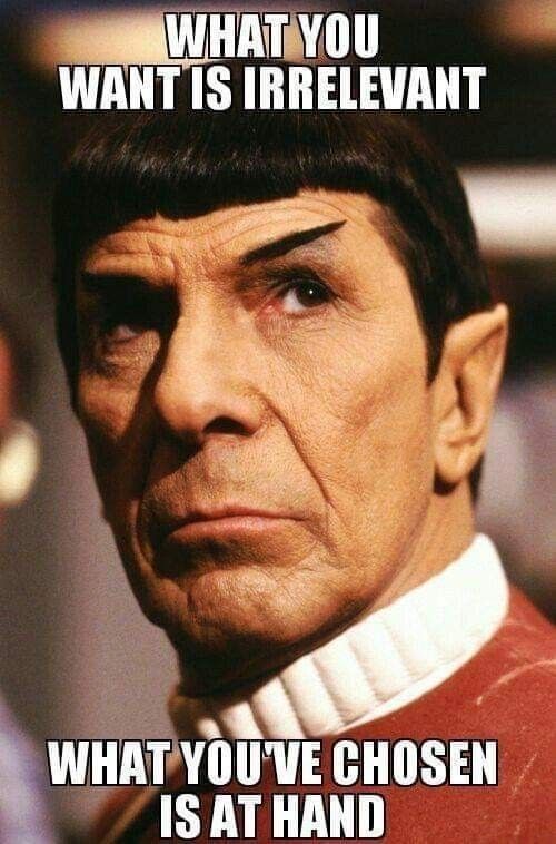 A close up shot of Spock in "Star Trek VI: The Undiscovered Country," with a quote from the movie:

"What you want is irrelevant; what you've chosen is at hand."