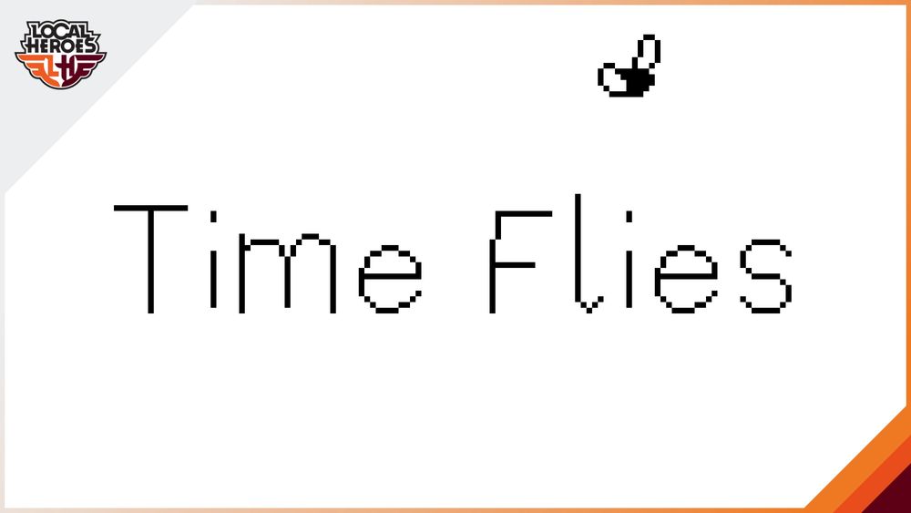 The text “Time Flies” handwritten in pixel-lines with a single fly above it drawn in pixel-art style. 