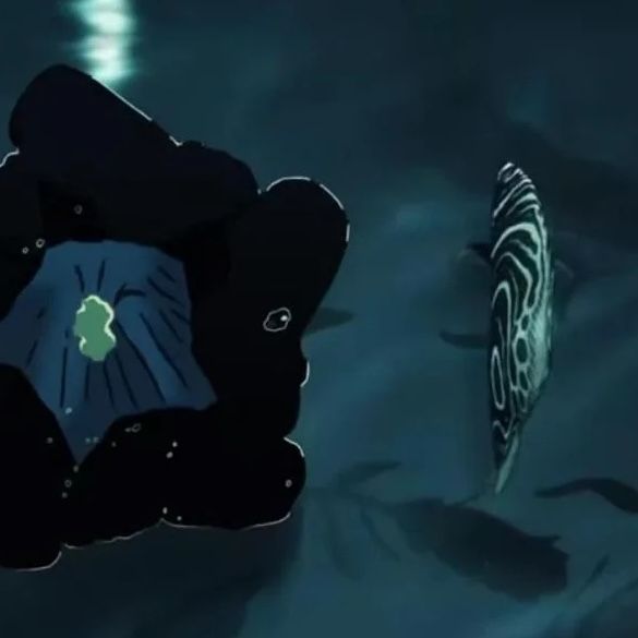 A juvenile Emperor Angelfish swimming around a black flower in one of the openings to Jujutsu Kaisen.