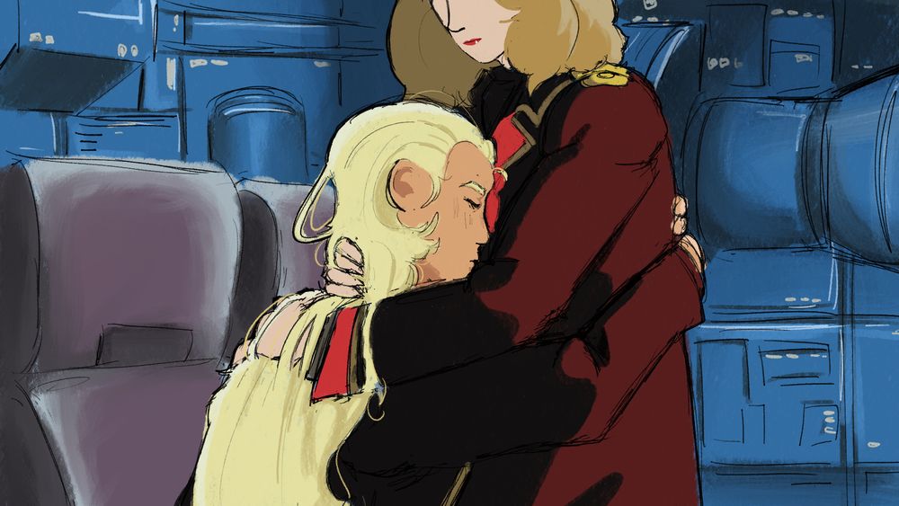 A redrawn screenshot from the scene in Char's Counterattack where Nanai is sat in Char's lap.