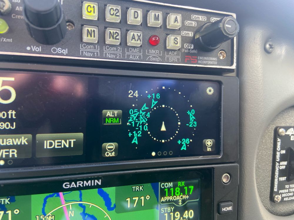 Airborne traffic is displayed on a device in a small plane cockpit, showing congestion on both sides of the course, but a clear path ahead. 