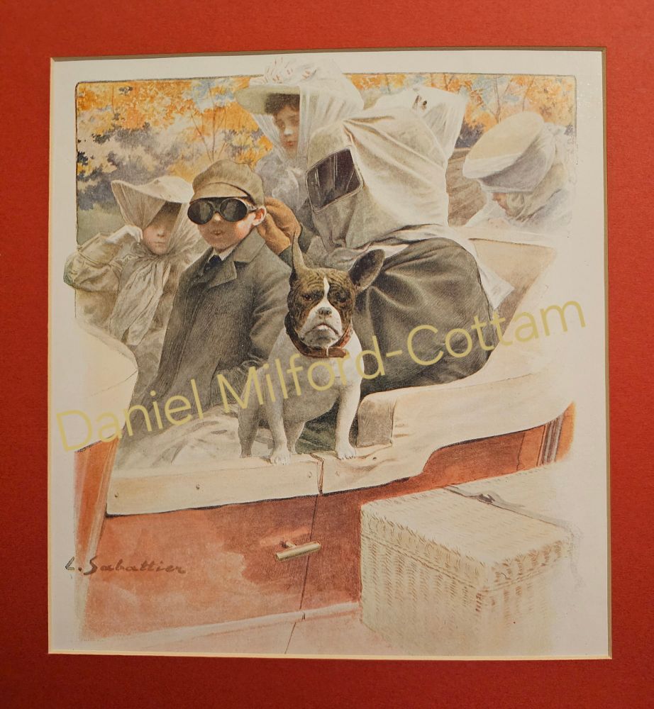 Colour lithograph from a French magazine L'Illustration, 1 December 1906, signed L. Sabattier. Three women, a small boy and a small girl piled into a red motorcar with a French bull terrier staring at the viewer. They are adjusting their driving goggles and veils which allowed them to be in an exposed vehicle without things blowing into their eyes/faces. The woman nearest to us is wearing an all-enveloping large white veil with an inset mica panel allowing her to see out, but making her look rather like an alien as we can't see anything of her other than her hands in gloves, which are fastening the little boy's goggles securely. The little girl and a second woman are sitting behind them with veils tied over their wide brimmed hats, leaving just a narrow gap in front to see through. The third woman sits in the back, wearing a circular round white hat over a veil wrapped round her head, which may be attached to the hat. 