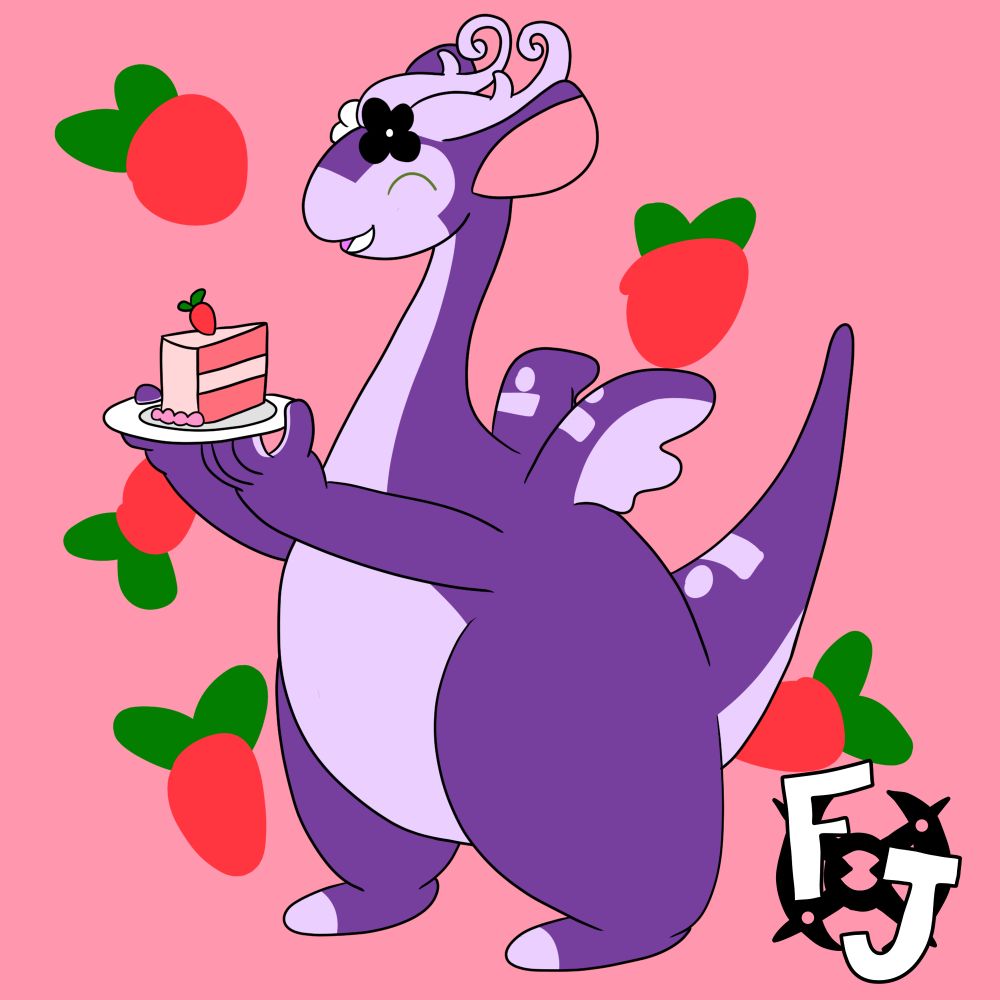 a large purple dragon with tiny wings is holding a small slice of cake topped with a strawberry