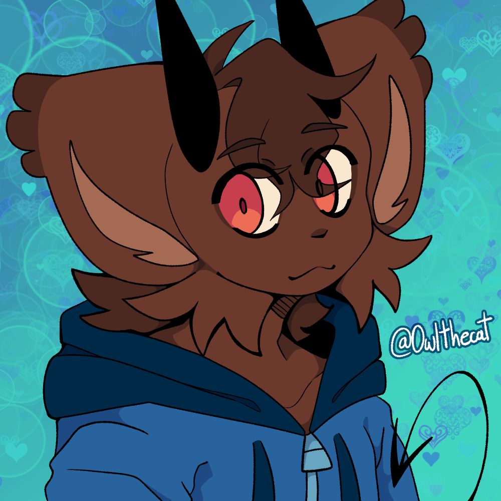 A digital drawing of a brown anthropomorphic cat with black horns and tail and red eyes. He's wearing a blue hoodie and his name is Rattles.
Watermark in the corner says "@Owlthecat"