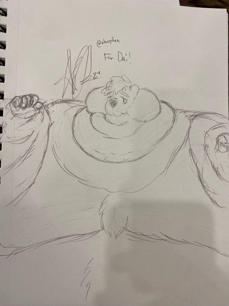 A blobby bear filling the canvas with his oversized body and fat-saddled arms. His fat-padded head is surrounded by a set of large, thick chins.