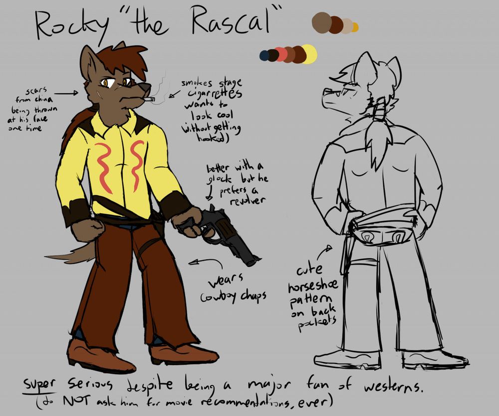 A grey-brown coyote with brown hair and minor facial scars wearing a mustard-yellow ranch shirt, cowboy chaps, jeans and cowboy boots. His back pockets have a cute horseshoe pattern.

Notes:
-Scars from china being thrown at his face one time
-Smokes stage cigarettes, wants to look cool without getting hooked
-Better with a glock but prefers a revolver
-Super serious despite being a major fan of westerns (do not ask him for movie recommendations, ever)