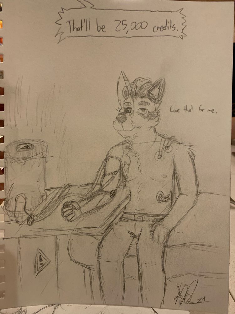 A fox with a mustache sits down with a bunch of wires in his cyborg body hooked up to a futuristic energy cell. An unseen voice says “That’ll be 25,000 credits,” with the fox responding, “Love that for me.”