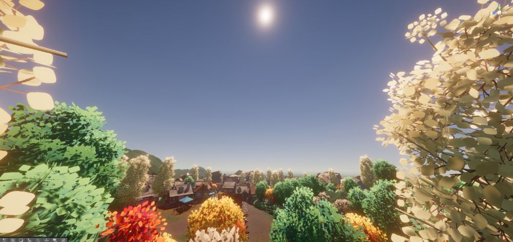 Videogame screenshot with trees in the foreground with a view of a sky