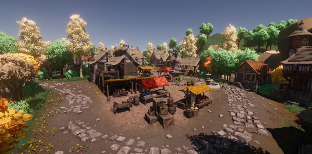 Videogame screenshot showing a village market