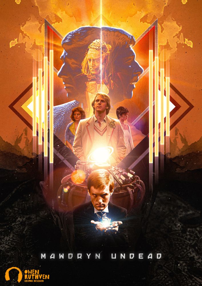 This is my poster for Mawdryn Undead, the third story in Doctor Who: Season 20.

It features Turlough on the bottom side of the poster, holding a diamond prism, standing in front of a large machine. Behind that machine stands the Fifth Doctor, Tegan and Nyssa, and behind the TARDIS trio, there's a large depiction of two Brigadiers, one younger and other older, looking in opposite directions and between them stands Mawdryn.

They're in front of a giant diamond with a bright orange symmetrical inkblot in the background. Also in the background, on the bottom half, there's darkness and inside the darkness, there's the giant Black Guardian, with his face obscured by the machine and Turlough.

The title of the story is on the bottom - "Mawdryn Undead".

My watermark is on the bottom left corner.