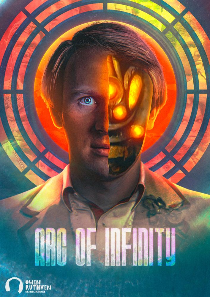 This is my poster for Doctor Who: Season 20, Story #1 - Arc of Infinity.

It features the Fifth Doctor, and half of his face is ripped open by Omega's face.

Behind him is a large orange circle, with broken up lines around it and inside the lines, there are mutiple story specific characters like Borusa, Nyssa, Tegan and her cousin etc.

On the bottom, it says "Arc of Infinity" in a large thin font.

My watermark is on the bottom left corner.