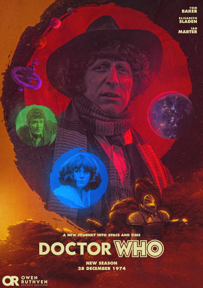 This is my poster for Doctor Who - The Classic Years: Season 12.

It features the Fourth Doctor in front of a giant red circle featuring glimpses of the title sequence from his era. Around him there's an circular arc on the left side, from up to down, there's the planet Voga, Skaro, the Sontaran's ship, Space Station Nerva, Harry Sullivan inside a green circle and Sarah Jane Smith inside a blue circle. On the right side, there's Earth.

On the foreground, there's the K1, the giant robot from the first episode, on a rocky landscape.

On the top right corner, it says "Tom Baker, Elisabeth Sladen and Ian Marter" and on the bottom, it says "A new journey into space and time", the Doctor Who logo, and then, "New Season - 28 December 1974".

My watermark is on the bottom left corner.