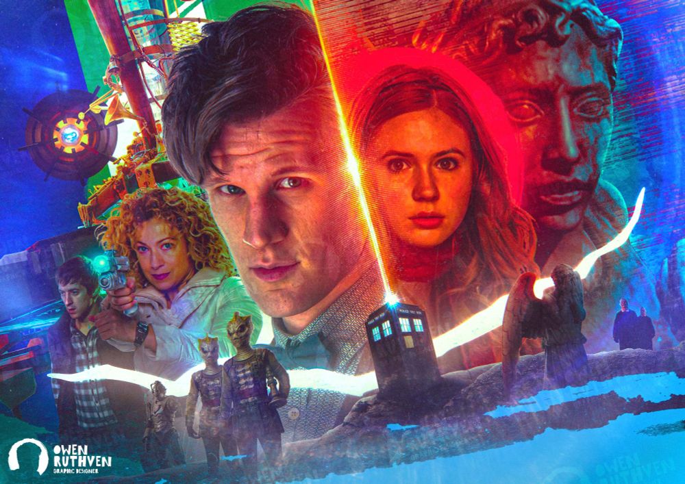 This is my poster for Doctor Who - Series 5.

It features the Eleventh Doctor, Amy Pond, River Song and Rory Williams. In the background, on the left, there's a Dalek eye and the TARDIS time rotor and on the right, there's a large Weeping Angel looking at the viewer. In the foreground, there's the Crack glowing white and the TARDIS is in front of it, sitting on rocks. Across the rocky landscape, there's a selection of monsters - the one-armed Cyberman guard, two Silurians with their masks on, a Weeping Angel covering their eyes and two angry Smilers.

My watermark is on the bottom left corner.