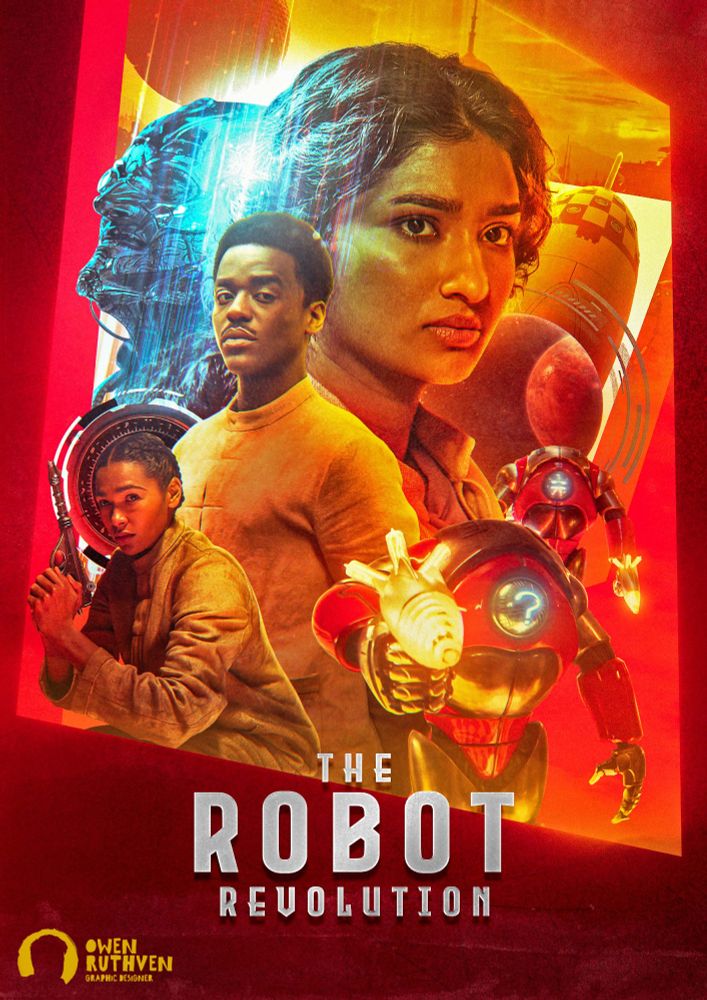 This is my poster for THE ROBOT REVOLUTION.

It features Belinda Chandra in the middle in front of Missbelindachandra One's world. Behind her, on the left, there's the AI Generator, coloured in blue, smiling creepily, partly covered in glitches -on the right, the big rocket and the rocket window featuring the alien world. In front of Bel, there's the Fifteenth Doctor with two red Robots standing next to him and Sasha 55 on his left, brandishing a laser gun, in front of the eight-part loop clock. All of this is closed off inside a irregular rectangular shape.

"THE ROBOT REVOLUTION" is on the bottom, in 3-D metal texture.

My watermark is on the bottom left corner.