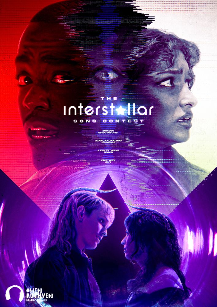 This is a poster for Doctor Who: The Interstellar Song Contest, the sixth episode of Season 2.

It features the Fifteenth Doctor and Belinda side by side, looking really troubled and split by a soundwave and inside the soundwave is a close-up shot of Susan Foreman's eye. On the bottom, in the foreground, there's Kid and Wynn, the Hellions with horns on their head, looking at each other surrounded by a circular ripple wave, standing in front of a dark triangle.

In the middle, it says "The Interstellar Song Contest" and underneath, it says "100,000 spectators. 3,000,000,000,000 viewers. 1 Delta Wave Bomb. One way out."

My watermark is on the bottom left corner.
