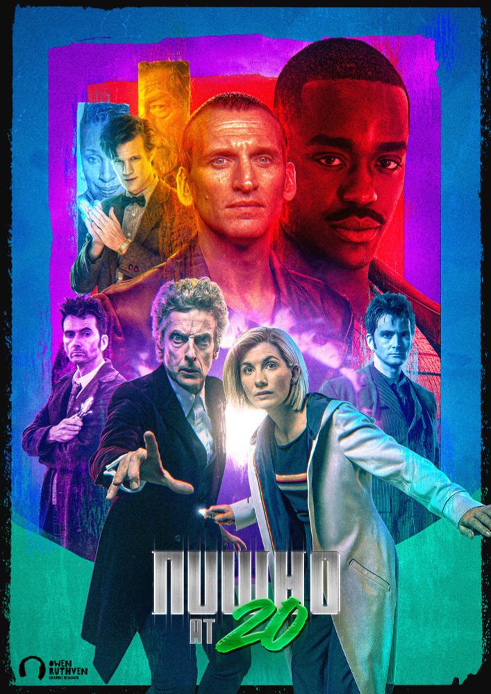 This is my poster to celebrate the 20th Anniversary of NuWho.

It features all the New Who Doctors. In the background, there's the Eleventh Doctor on the left, in front of two strips also featuring the Fugitive Doctor and War Doctor, and on the right, there's the Fifteenth Doctor (coloured in red), he's big enough to fill space on the right side. In front of him, there's the Ninth Doctor, front and centre. In the foreground, there's the Fourteenth Doctor (coloured in purple) standing on the left and the Tenth Doctor standing on the right. In front of them, there's the Twelfth Doctor and Thirteenth Doctor standing together looking at the viewer.

On the bottom, it says "NuWho at 20" in the 2010 Doctor Who logo font.

My watermark is on the bottom left corner.