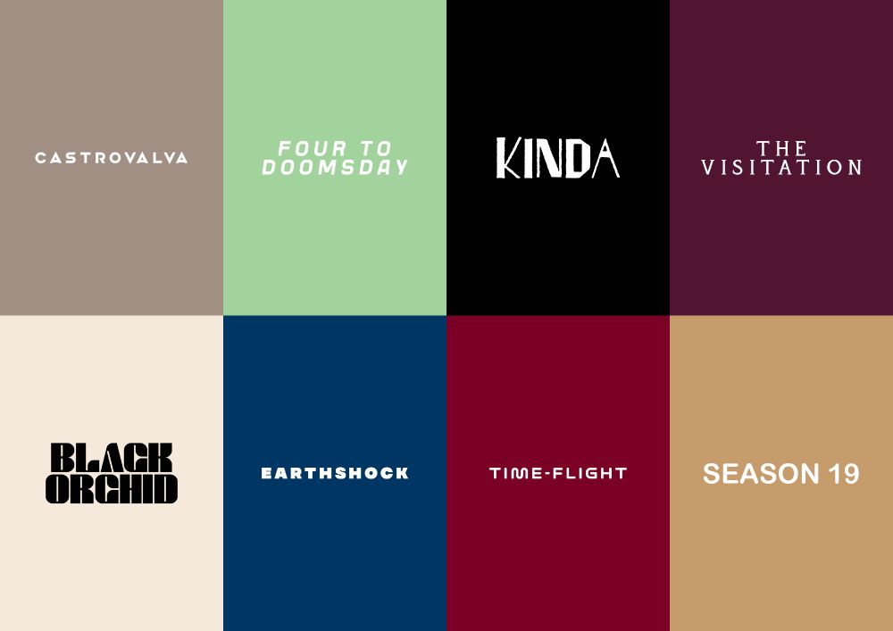This is a collage of all the primary colours from my Season 19 posters.

From top to bottom - Castrovalva (Donkey Brown), Four to Doomsday (Green Spring Rain), Kinda (Black), The Visitation (Wine Berry), Black Orchid (Eggshell), Earthshock (Dark Midnight Blue), Time-Flight (Wine Red) and Season 19 (Lion).