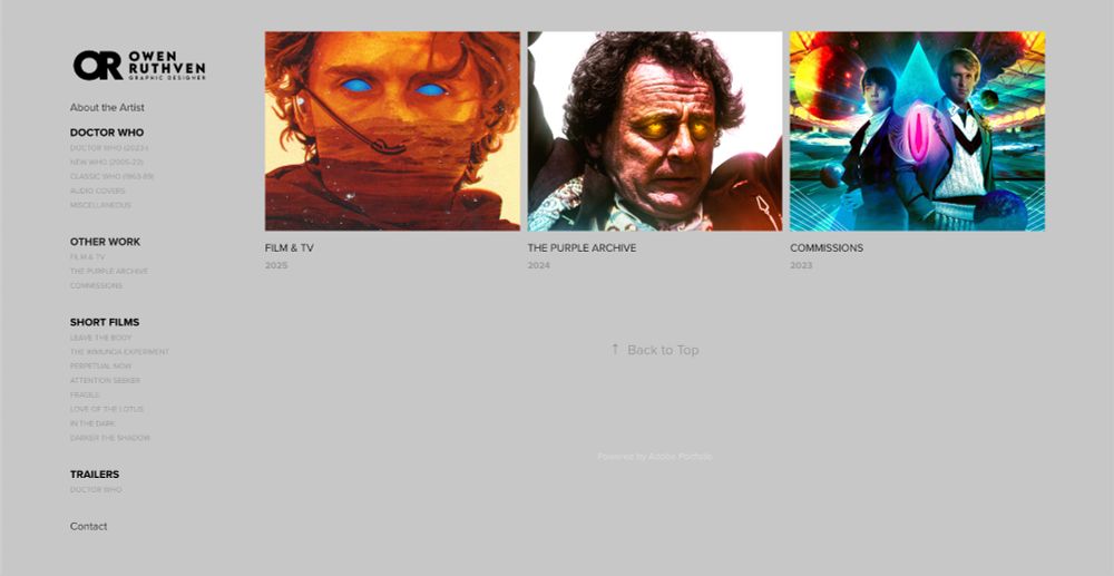 A screenshot of my Other Work artwork collections on my portfolio website.

On the left, there's a column and on the top there's my logo and below it, there's a content list of all things on my website and it says as follows "About the Artist | Doctor Who - Doctor Who (2023-), New Who, Classic Who, Audio Covers and Miscellaneous | Other Work - Film & TV, The Purple Archive and Commissions | Short Films - Leave the Body, The Immunda Experiment, Perpetual Now, Attention Seeker, Fragile, Love of the Lotus, In the Dark and Darker the Shadow | Trailers - Doctor Who | Contact". We are on the Other Work page.

On the right, there are collections of some of artworks I've made in the past two years like Dune - Part Two, Doctor Who: Survival and a Spectral Horizons fan audio cover.