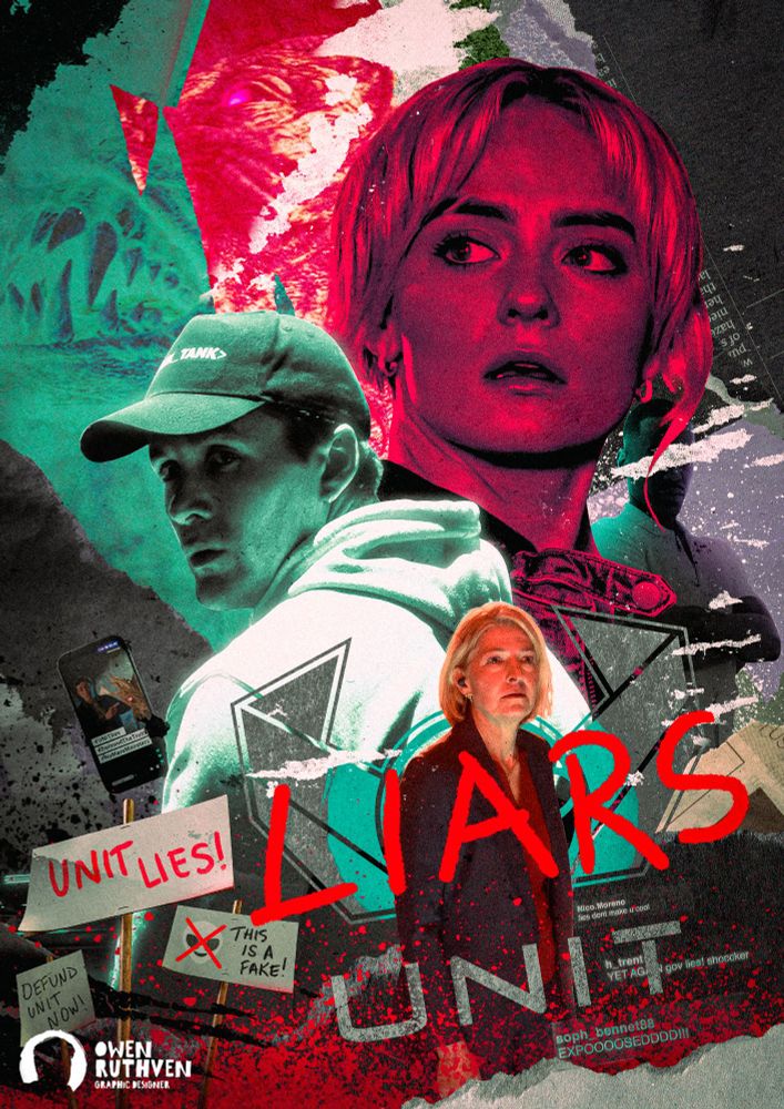 This is my poster for Lucky Day, the fourth episode of Doctor Who: Season 2.

It features Ruby Sunday, coloured in red, in front of the Fifteenth Doctor in the distance and shadowed. Behind her is a ripped paper showing the Shreek. In front of Ruby, there's Conrad Clark, holding a gun and wearing a Think Tank hat. Behind him on his left, there's a phone with the "exposing UNIT" livestream on it.

In the foreground, on the left, there are three protest boards - they says "DEFUND UNIT NOW!", "UNIT LIES!" and an alien emoji crossed out in red proclaiming "THIS IS A FAKE!". On the right, there's Kate Stewart in front of the UNIT logo and in front of her, "LIARS" is graffitied across her.

My watermark is on the bottom left corner.