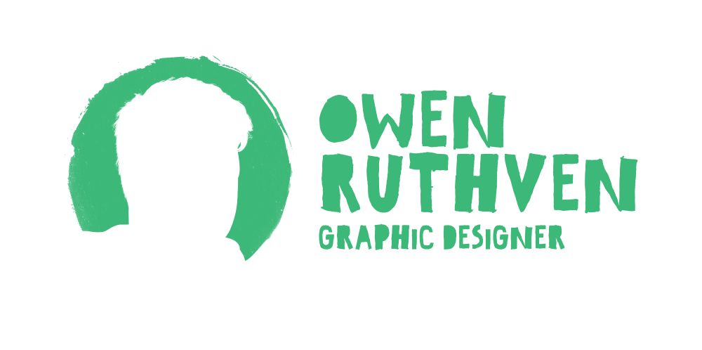 New logo and watermark for my artwork! On the left, there's a painted circle and inside it, it's a silhouette of my head looking to the right. On the right, it says "Owen Ruthven Graphic Designer" in green wonky painted font.
