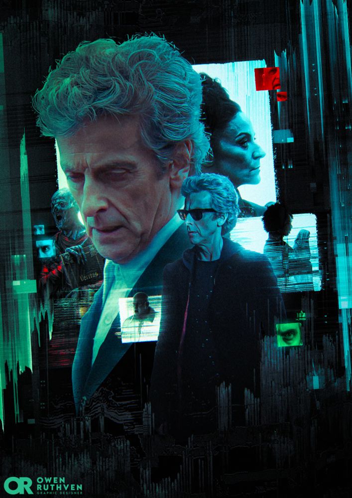 This is a poster for Doctor Who - Series 10, Episode 6: Extremis.

It features the Twelfth Doctor looking solemn with Missy behind him, in front of a white square on the right and on the left, there's one of the Monks holding the Veritas book. In front of the Doctor, there's the second version of the Twelfth Doctor with sunglasses on, in front of Bill and a Monk on the right and Nardole on the left. Small boxes are dotted across the poster featuring multiple eyes from all side characters from this story, a scene of the dead US President's limp hand on the floor and the Doctor's eyes in reality. Some of them are coloured in red, bright blue and bright green.

The background is a glitchy environment and there's a gradient from left to right, lime green to light blue.

My watermark is on the bottom left corner.