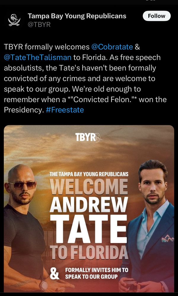 Tampa Bay Young Republicans invite to the Tate brothers 😬