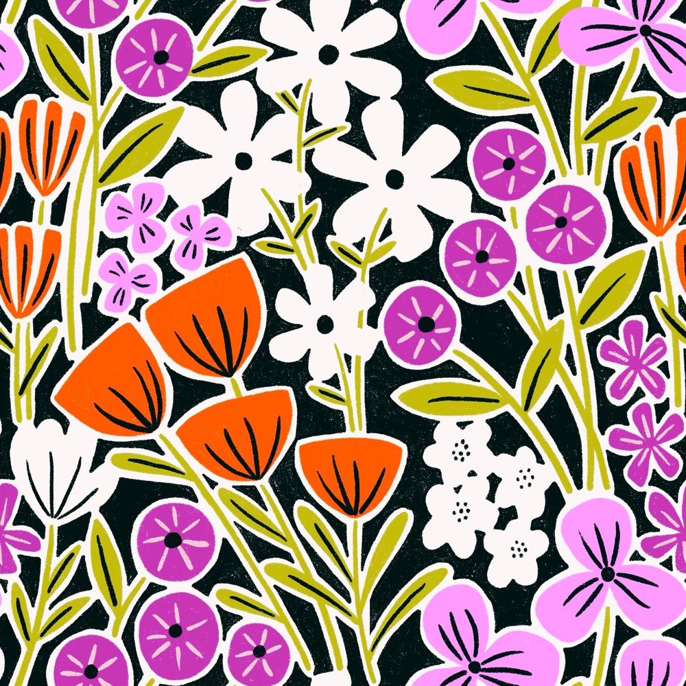 Lots of bright flowers across a repeating pattern in pink, orange, and black.