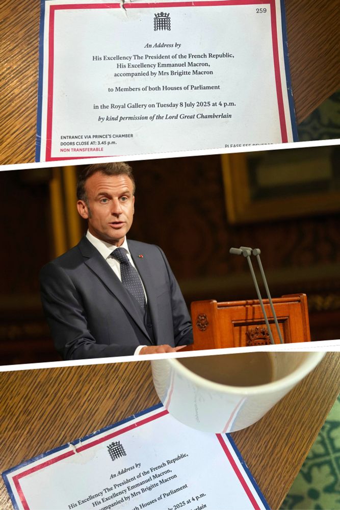 A photo of Macron speaking to Parliament and two photos of Marsha's invite to his address