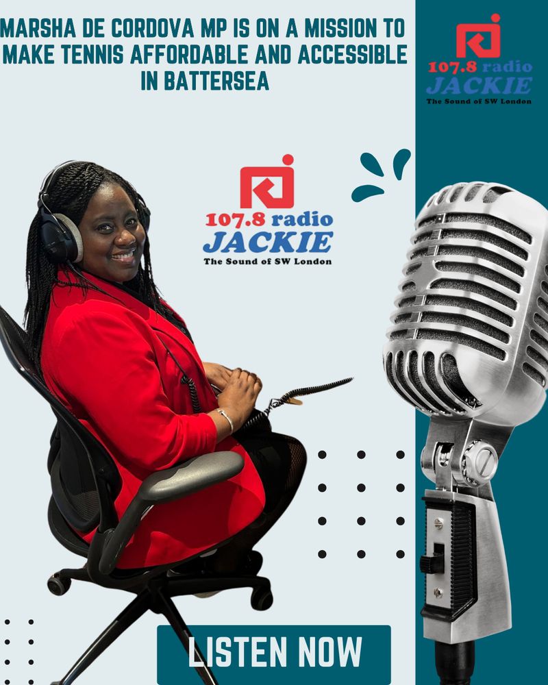 A graphic with an enlarged photo of a radio mic. There is a photo of Marsha sitting down with headphones on & a photo of Radio Jackie's logo
