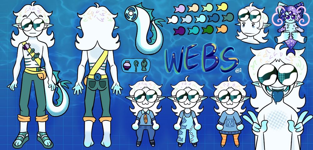 A reference sheet of the VTuber Webkinzfish, a.k.a Webs. Including a front and back view, three chibis, and their stream pet "Feesh."