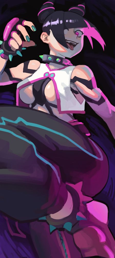 Juri Han from Street Fighter series, with one of her legs raised, looking down at viewer