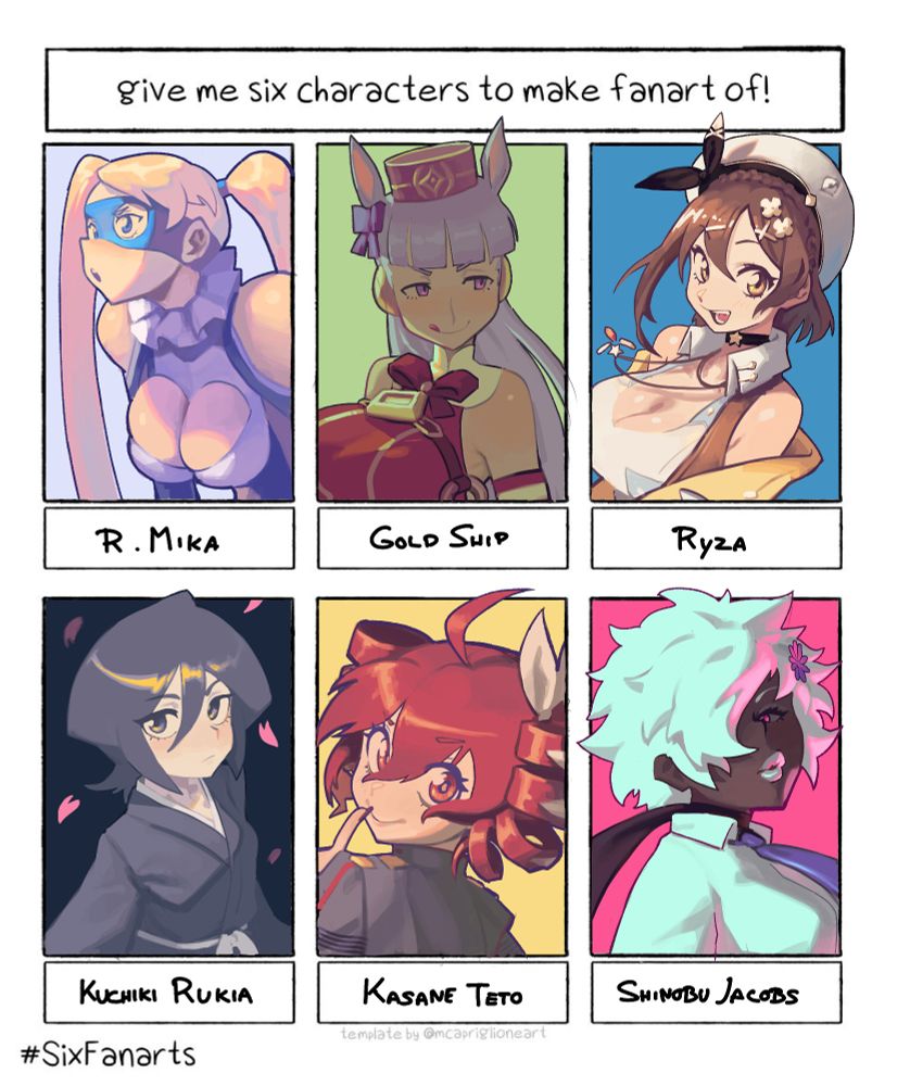 Drawings of 6 characters suggested by users of BlueSky, in order from top left to right: R.Mika from Street Fighter, Gold Ship from Uma Musume, Reisalin "Ryza" Stout from Atelier Ryza, Kuchiki Rukia from Bleach, Kasane Teto (Synthesizer V design) and Shinobu Jacobs from No More Heroes