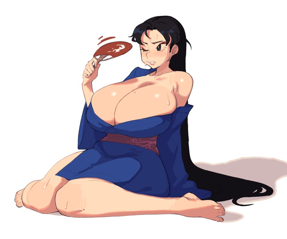Original character wearing traditional Japanese clothing cooling themselves with a fan.