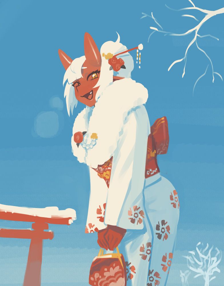 Female red skinned oni wearing winter kimono in a winter scenery