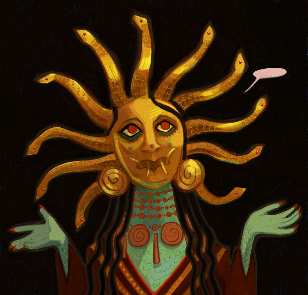 Digital illustration of a scaly woman with red eyyes and a golden mask. The mask has 11 snakes radiating out from the center. 