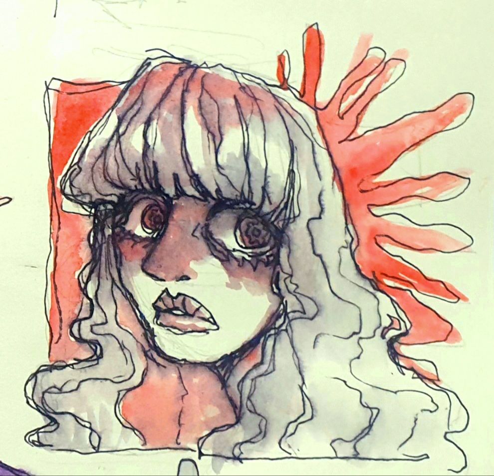 Drawing of wiggly lined girl with big hair. Strong red contrast. Doe eyed