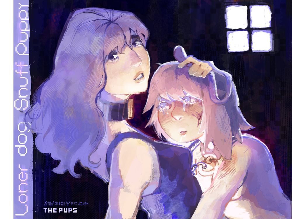 Maya and Noni from loner dog snuff pup

characters embraced in a comforting glow. blue shades and warm reds in the skin. Maya holding nonis leash, while a window glows on the top right. 