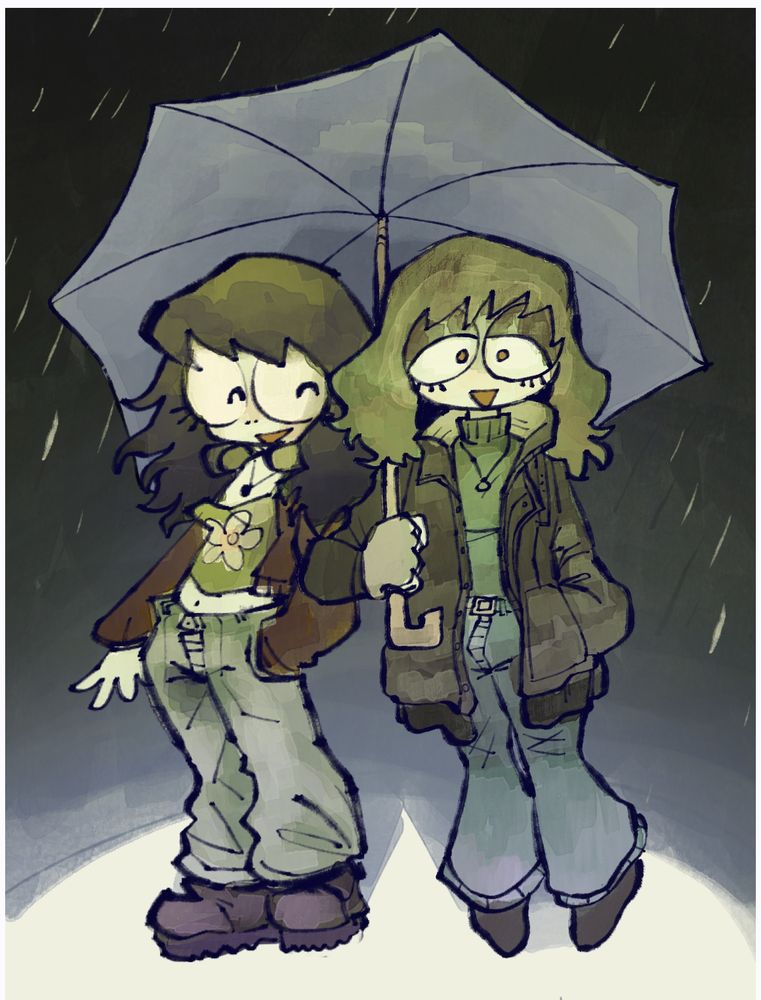 Cartoon drawing of myself and my best friend, greenish hue, holding umbrella